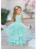 Seafoam Blue Tulle Gold Lace Corset Back Flower Girl Dress